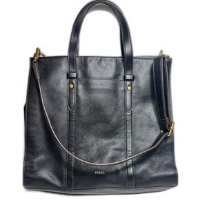 FOSSIL Kingston Bag Pebble Grain Black Double Strap Tote Convertible Work Purse